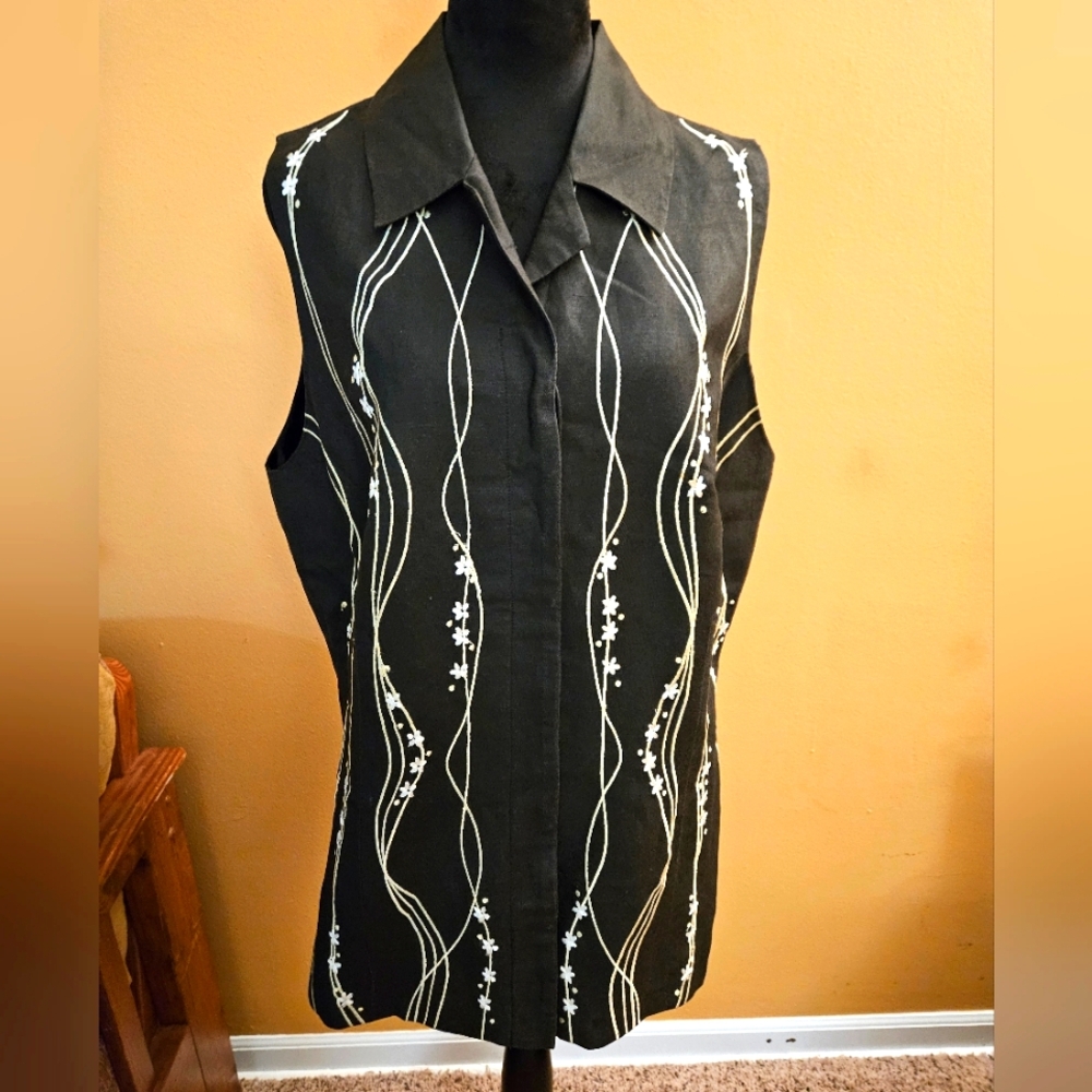 Vintage Black Vest with White Embroidery